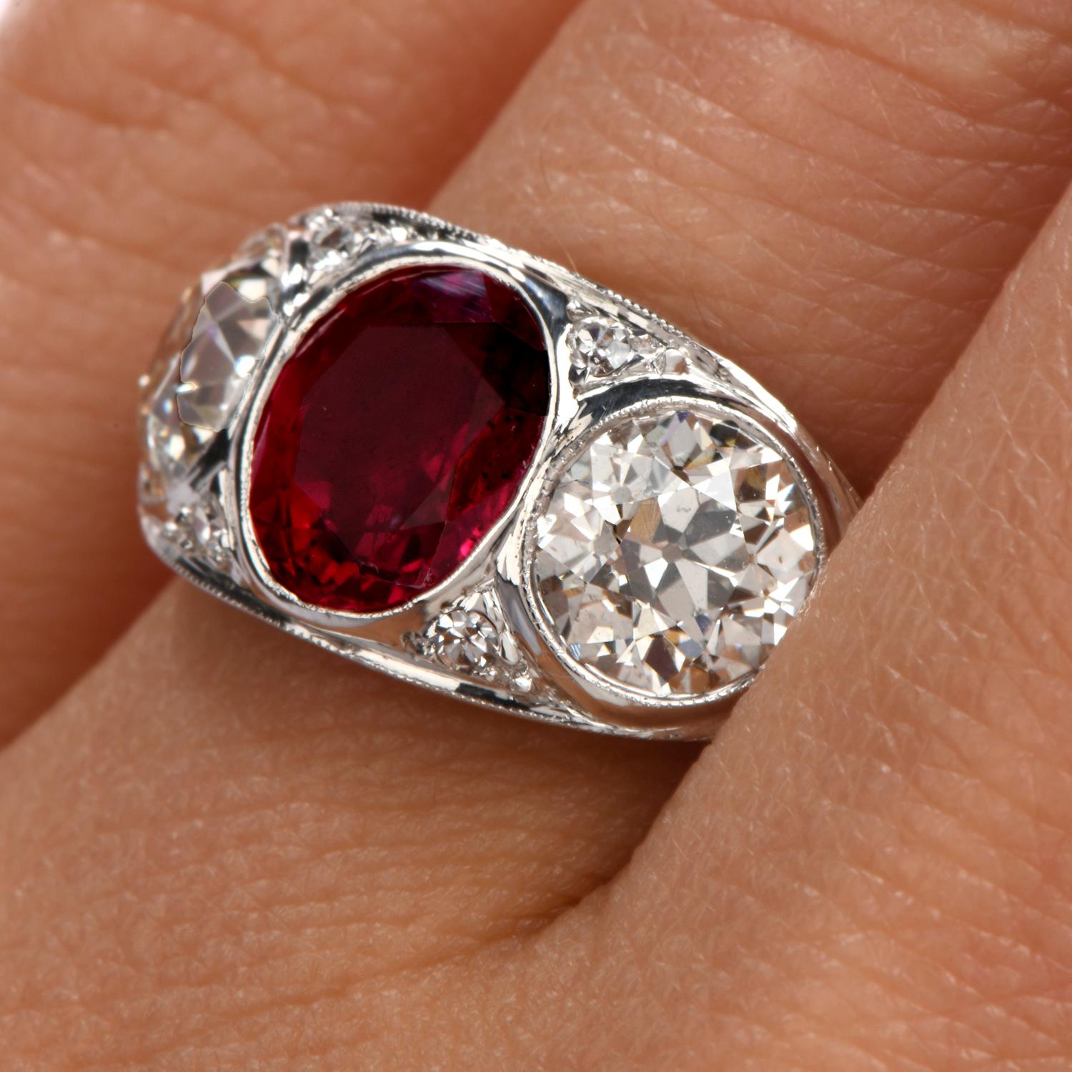 Art Deco 1930s Antique Deco Diamond GIA Certified Natural Ruby Platinum 3-Stone Ring