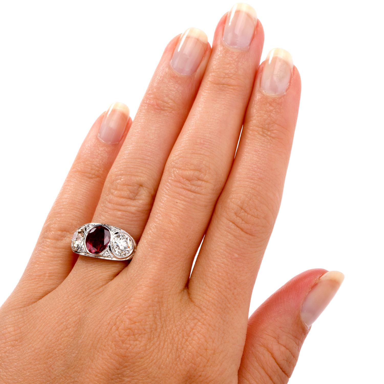 Old European Cut 1930s Antique Deco Diamond GIA Certified Natural Ruby Platinum 3-Stone Ring