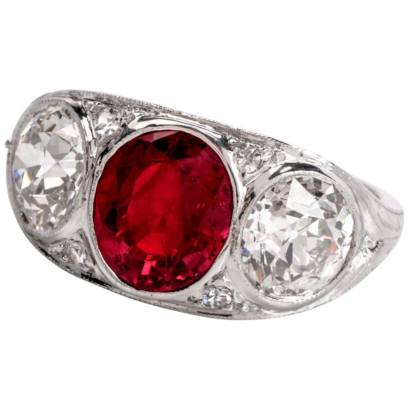 1930s Antique Deco Diamond GIA Certified Natural Ruby Platinum 3-Stone Ring