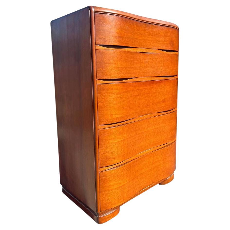 1930s Antique Deco Style Curved Wavefront Tall Dresser Chest of Drawers