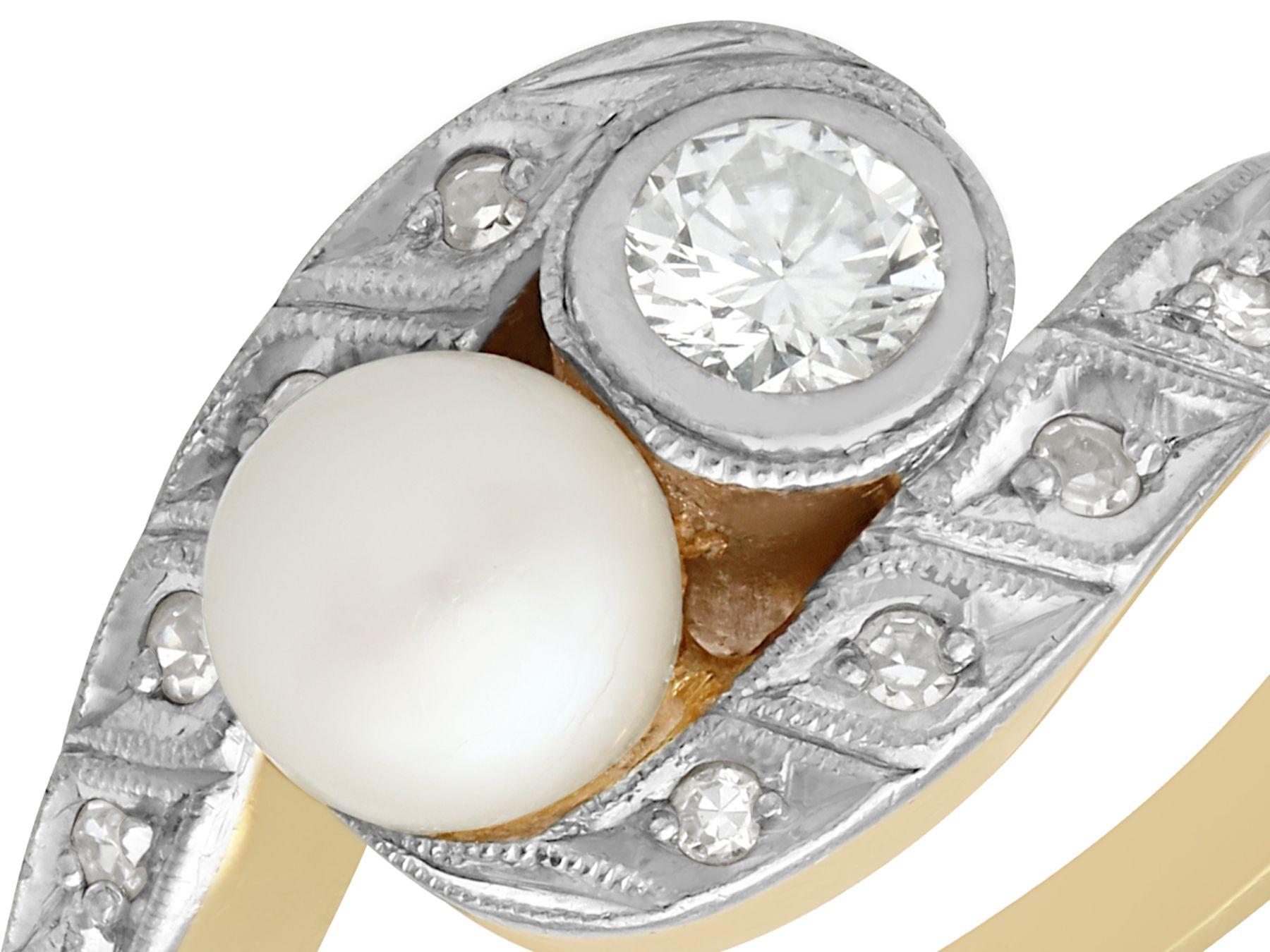 Round Cut 1930s 0.37 Carat Diamond and Pearl 14K Yellow Gold Twist Ring For Sale