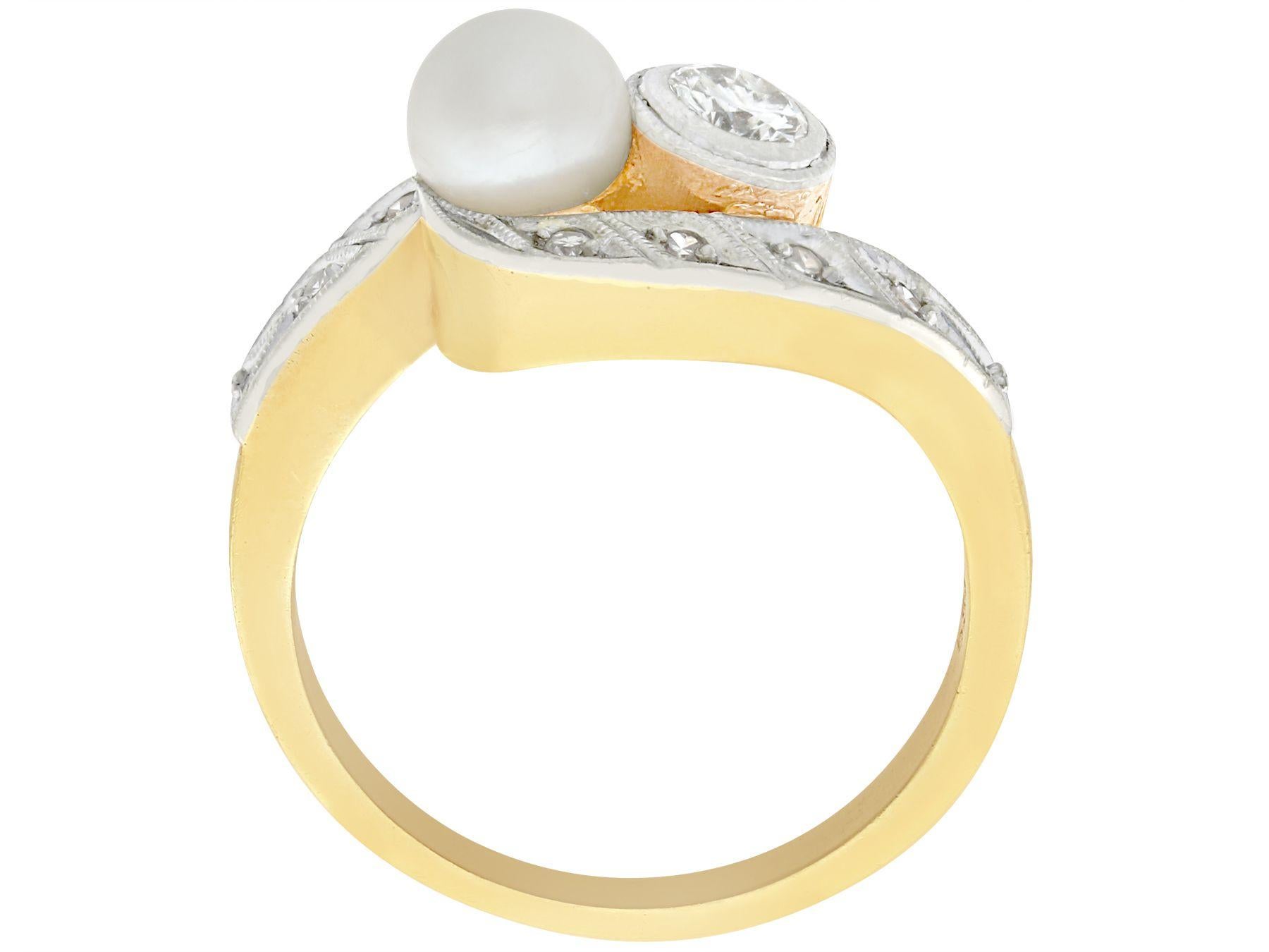 Women's 1930s 0.37 Carat Diamond and Pearl 14K Yellow Gold Twist Ring For Sale