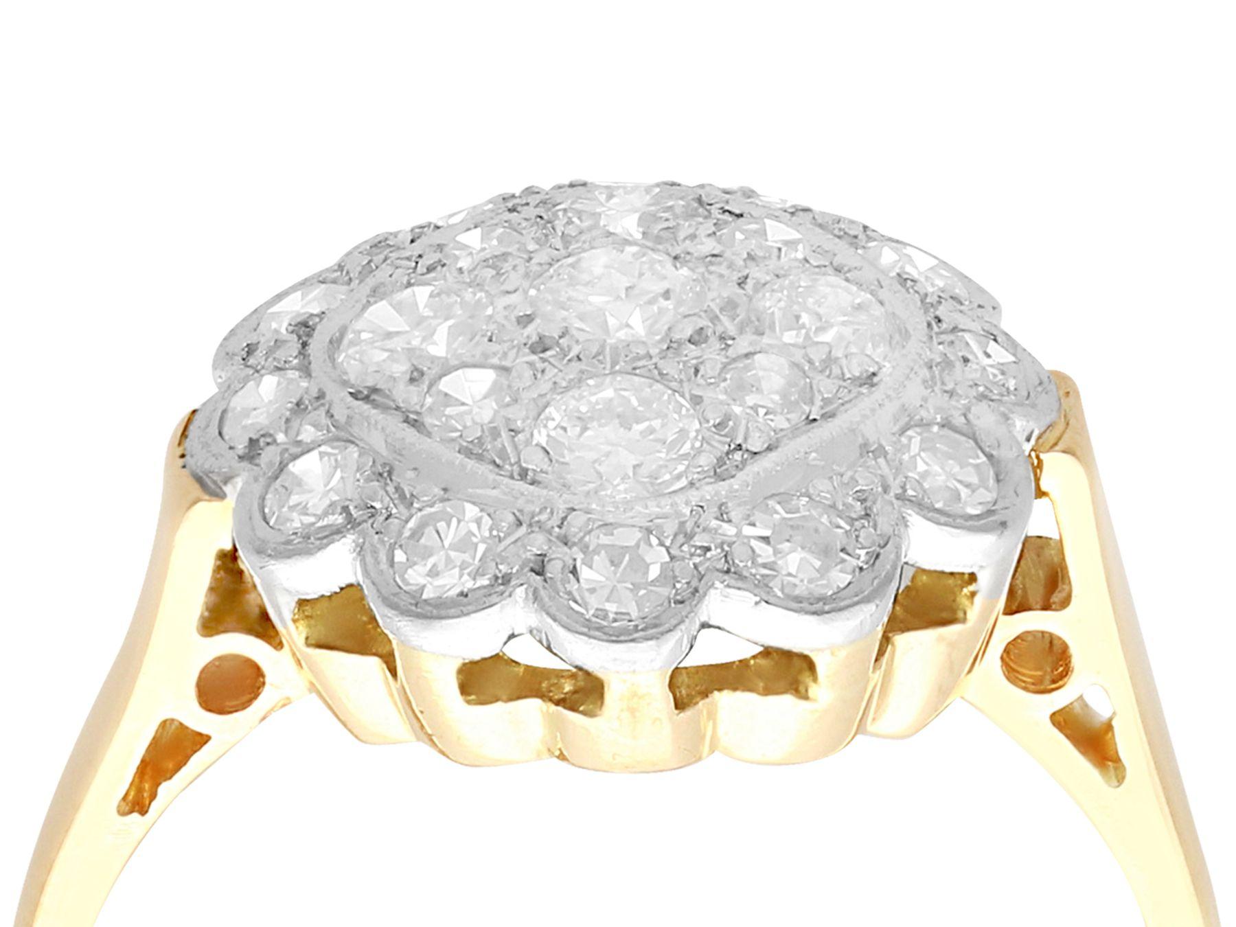 An impressive antique 1930s 0.83 carat diamond and 18 karat yellow gold, platinum set cluster ring; part of our diverse antique jewelry collections.

This fine and impressive diamond ring has been crafted in 18k yellow gold with a platinum