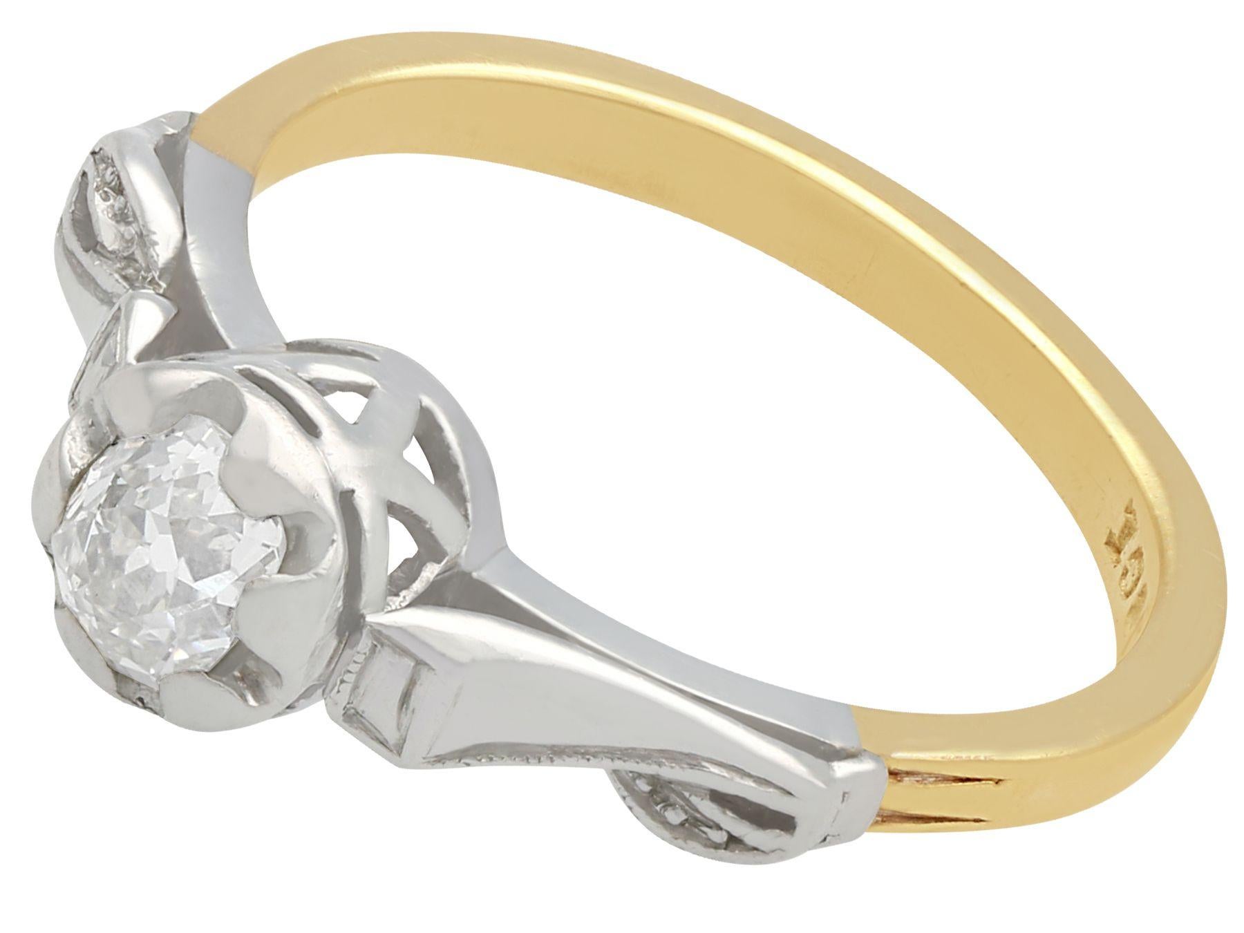 Round Cut 1930s Antique Diamond and Yellow Gold Platinum Set Solitaire Ring For Sale