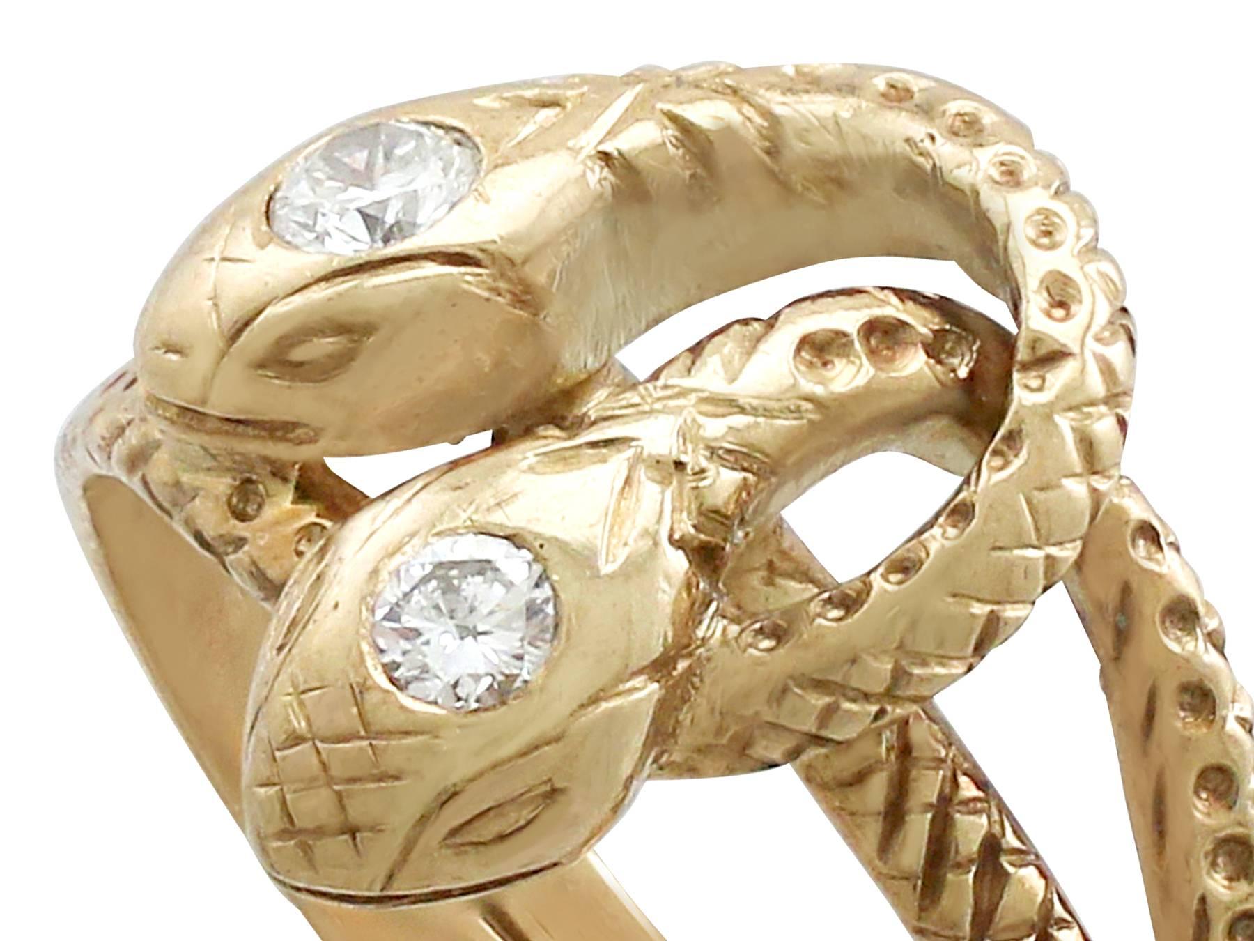Round Cut 1930s Antique Diamond and Yellow Gold Snake Ring
