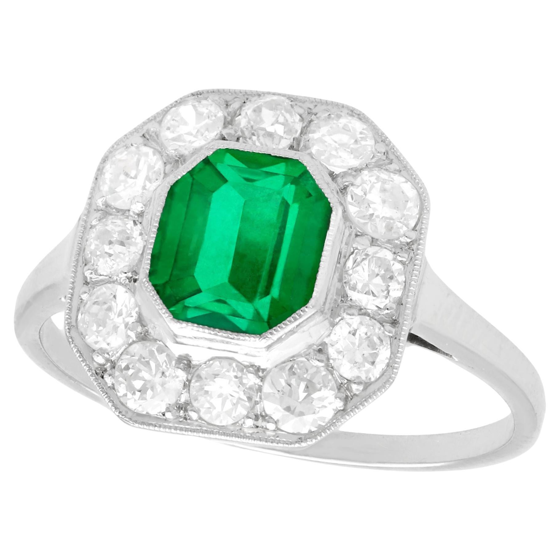 Antique 1930s Emerald and Diamond White Gold Cluster Ring For Sale
