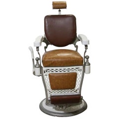 1930s Antique Emil J Paider Brown Barber Chair with Leather and Vinyl Upholstery