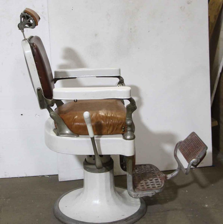1930s Antique Emil J Paider Brown Barber Chair with Leather and Vinyl