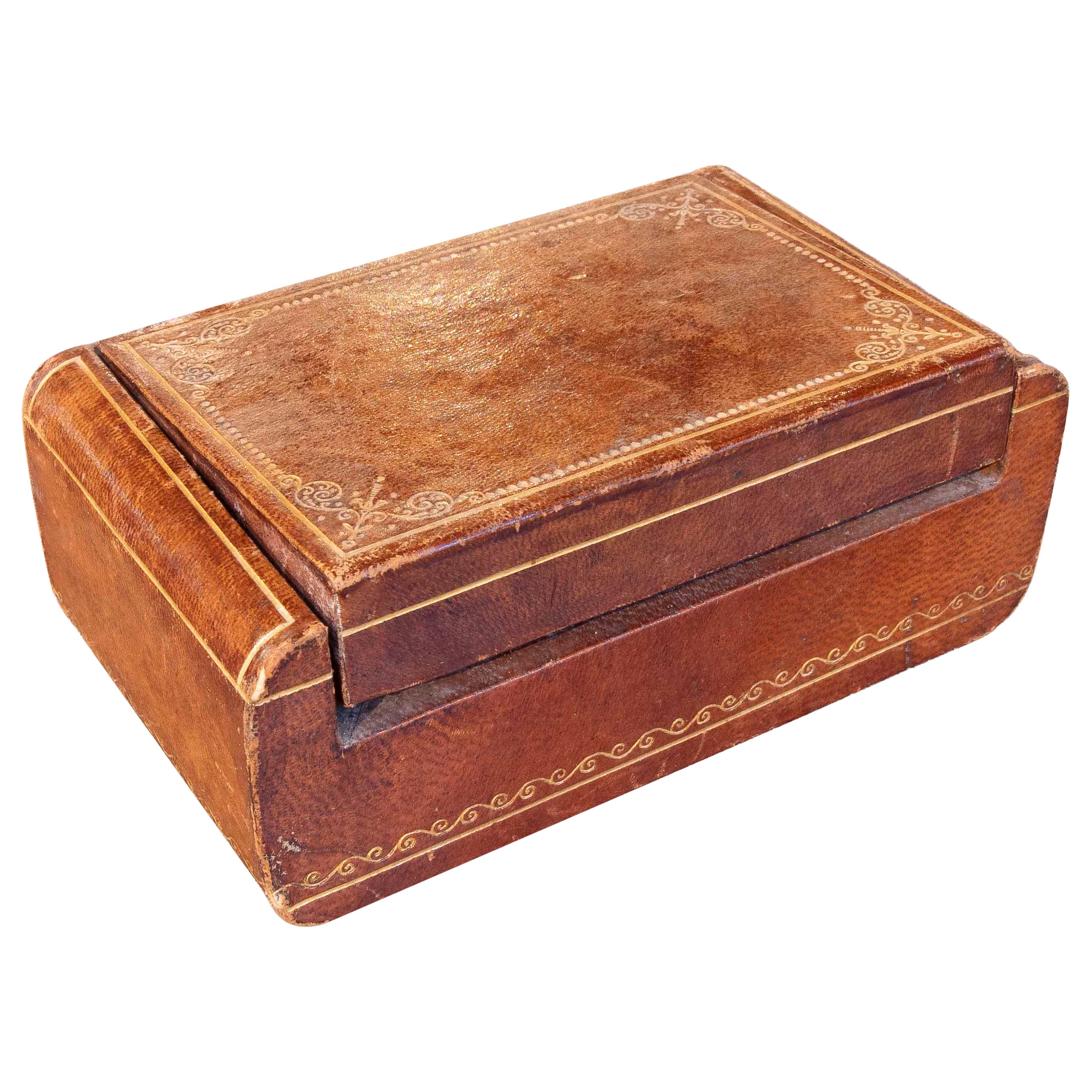 1930s Antique English Leather Box with Gilt, Regency Style