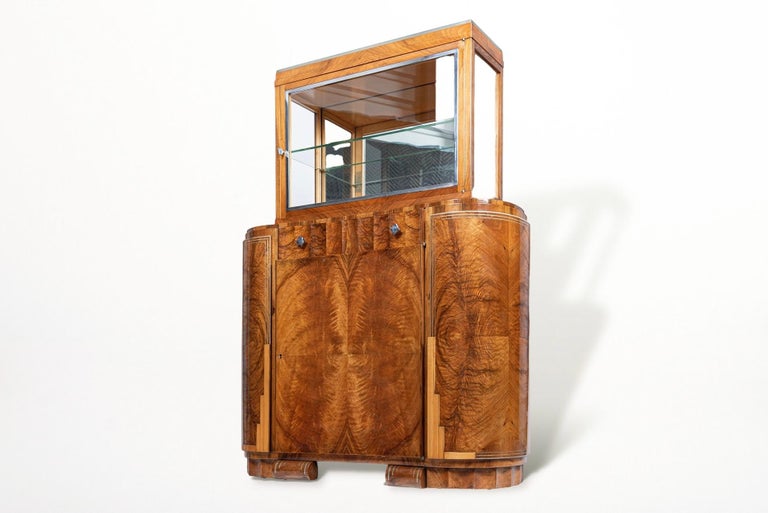 1930s Antique French Art Deco Burl Wood and Glass Display Bar
