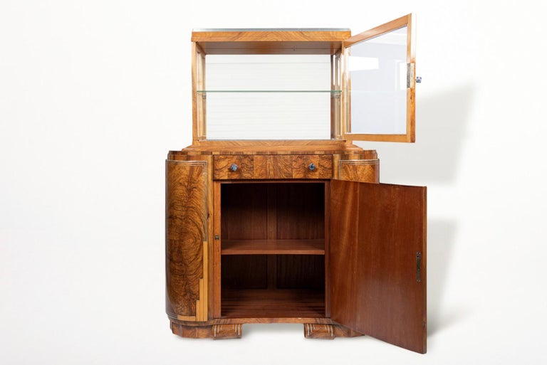 1930s Antique French Art Deco Burl Wood and Glass Display Bar