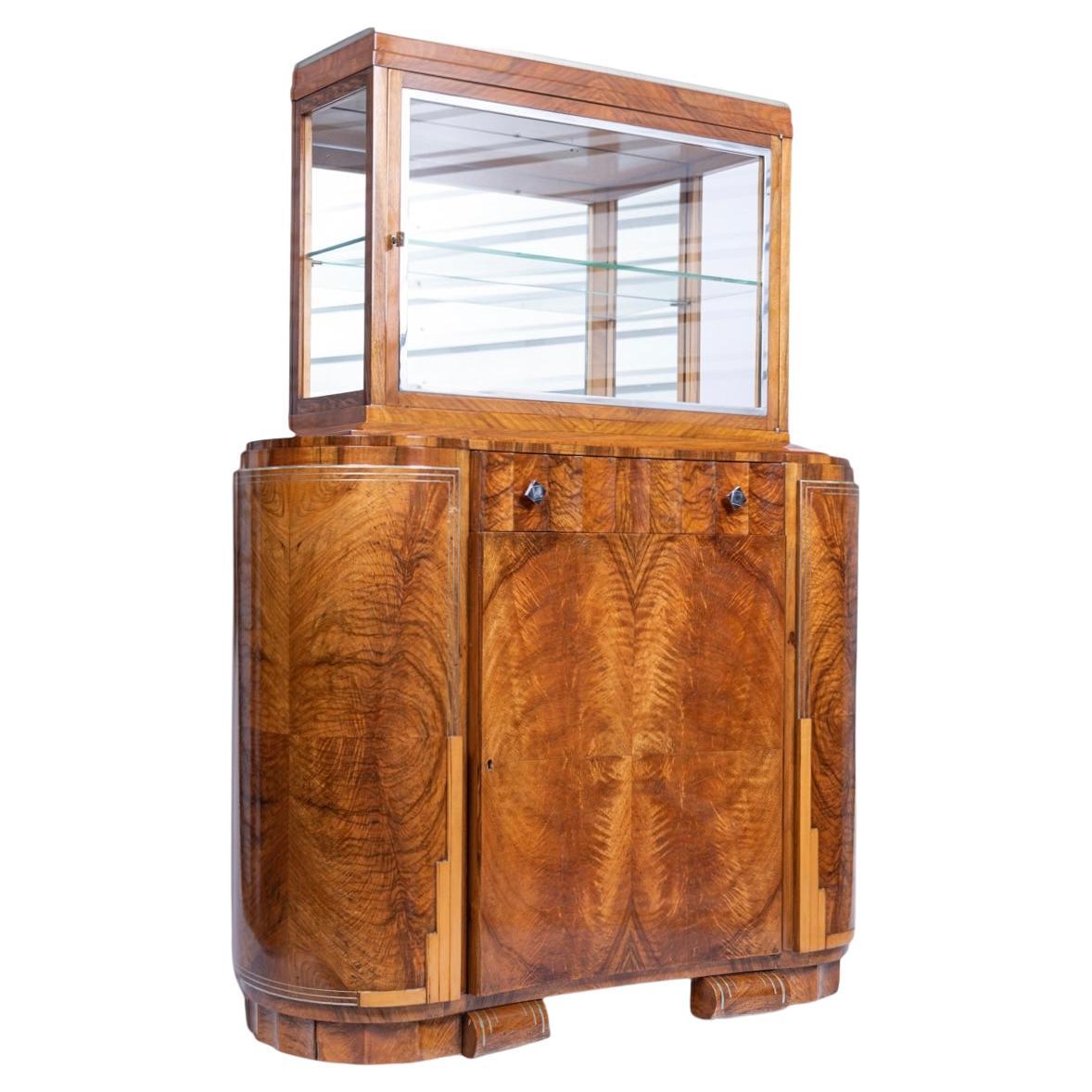 1930s Antique French Art Deco Burl Wood and Glass Display Bar Cabinet