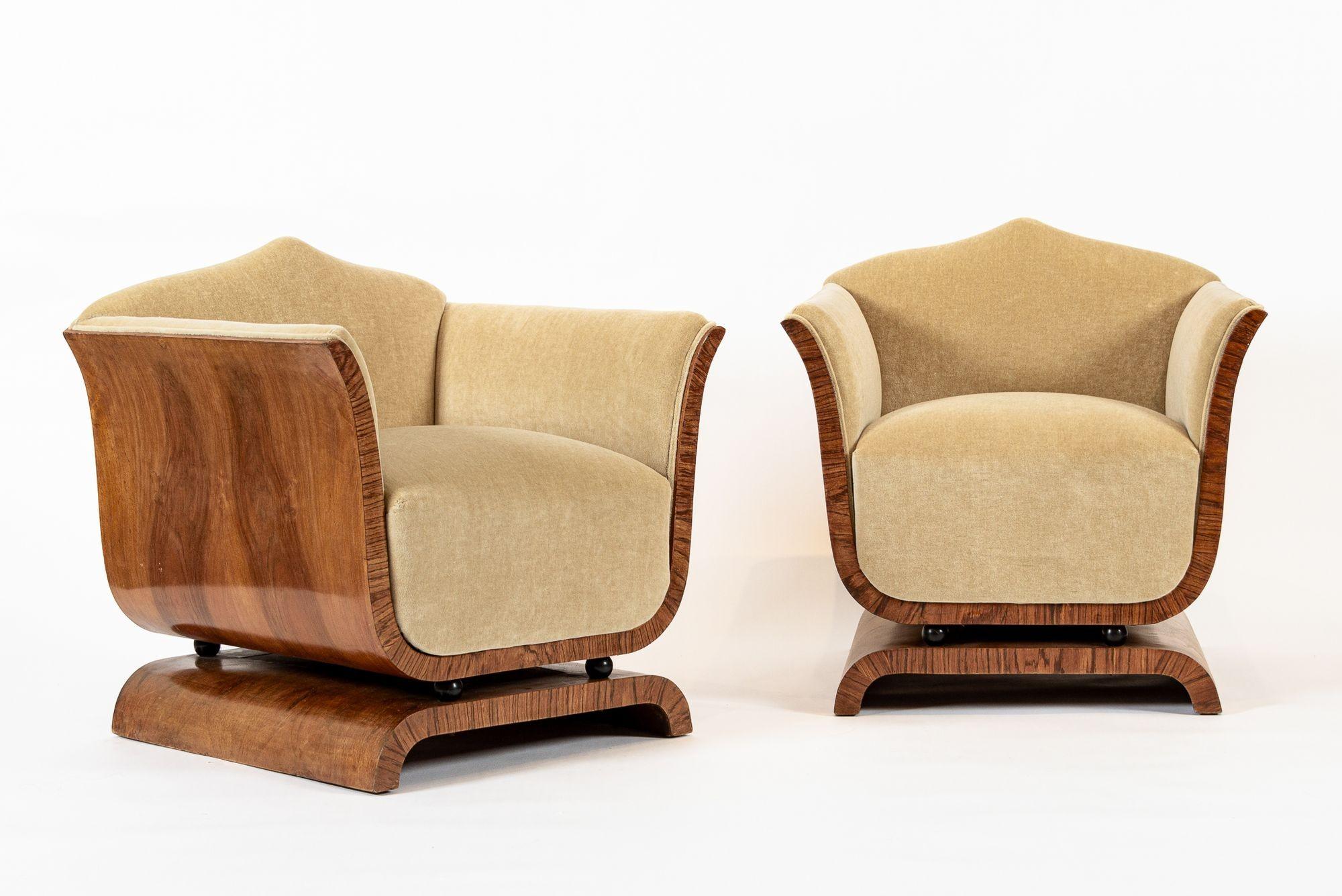 1930s Antique French Art Deco Mohair & Burl Wood Lounge Chairs 7
