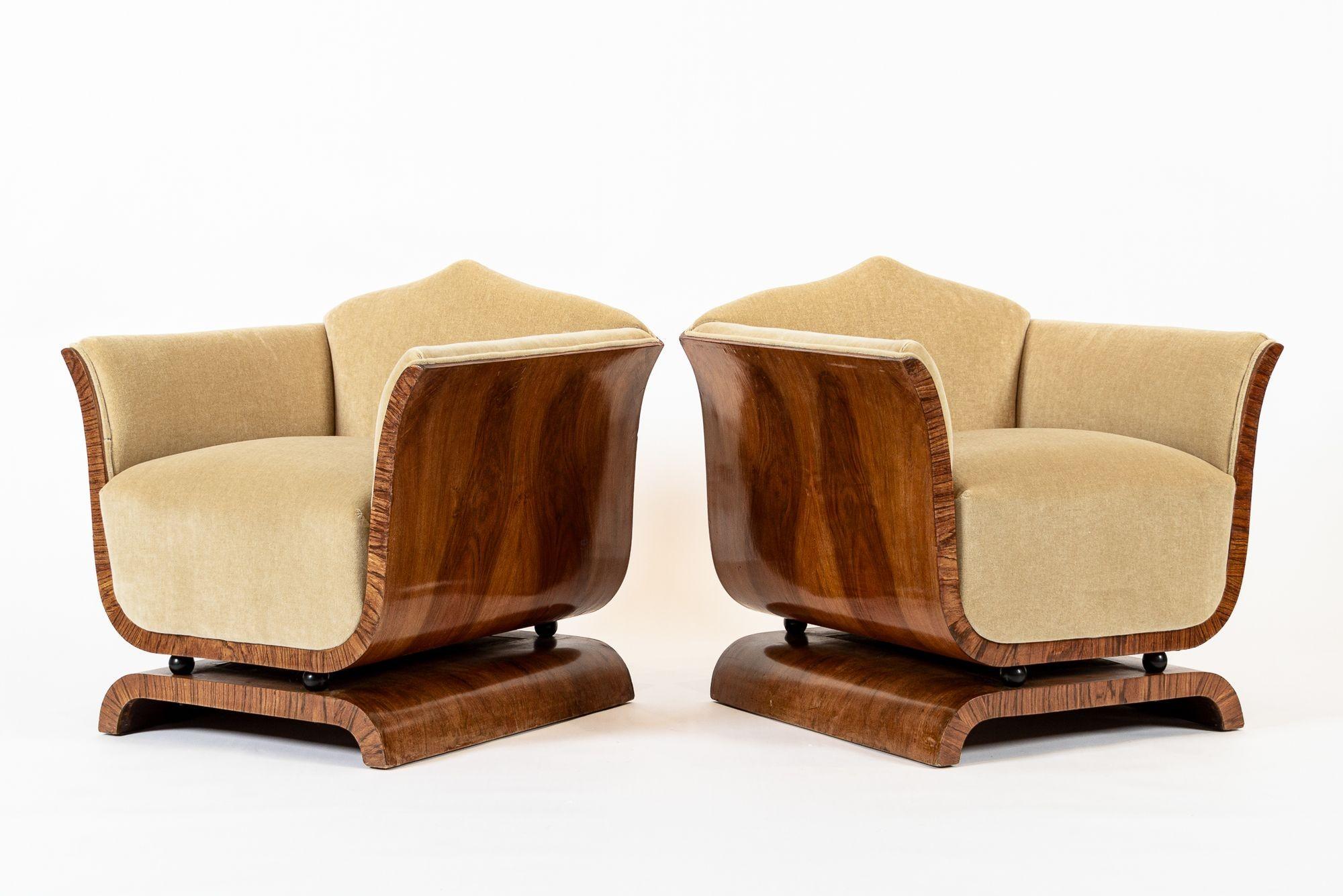 1930s Antique French Art Deco Mohair & Burl Wood Lounge Chairs In Good Condition In Detroit, MI