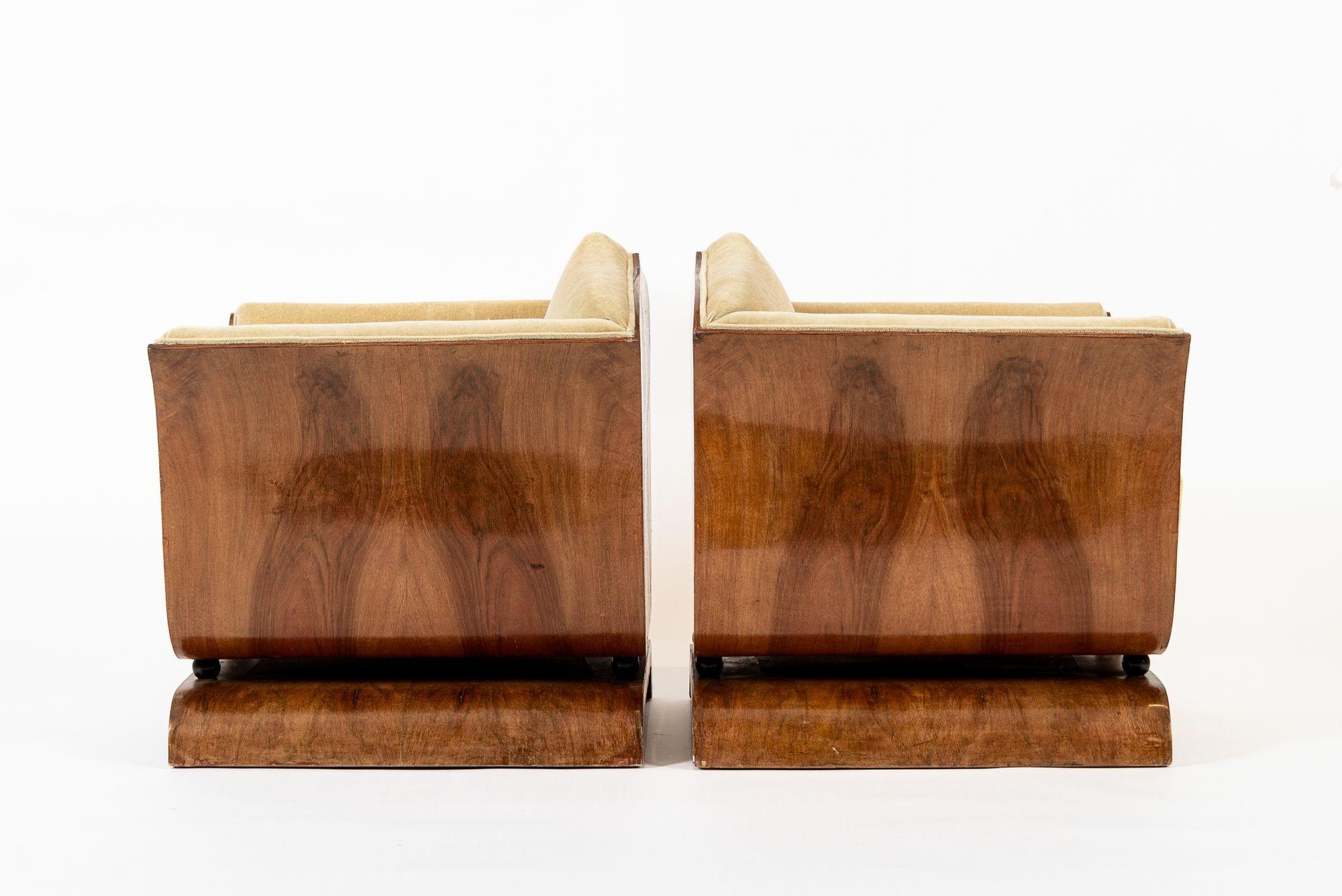 Mid-20th Century 1930s Antique French Art Deco Mohair & Burl Wood Lounge Chairs
