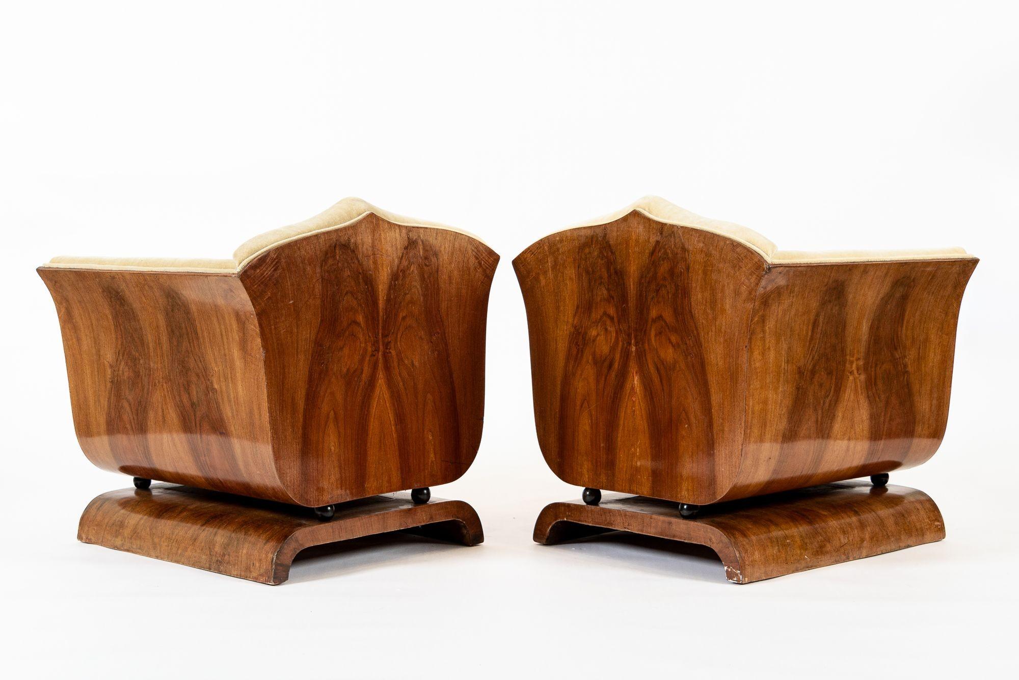 1930s Antique French Art Deco Mohair & Burl Wood Lounge Chairs 1