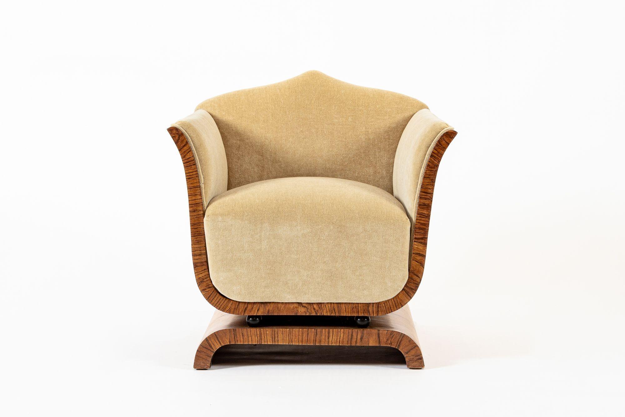 1930s Antique French Art Deco Mohair & Burl Wood Lounge Chairs 3