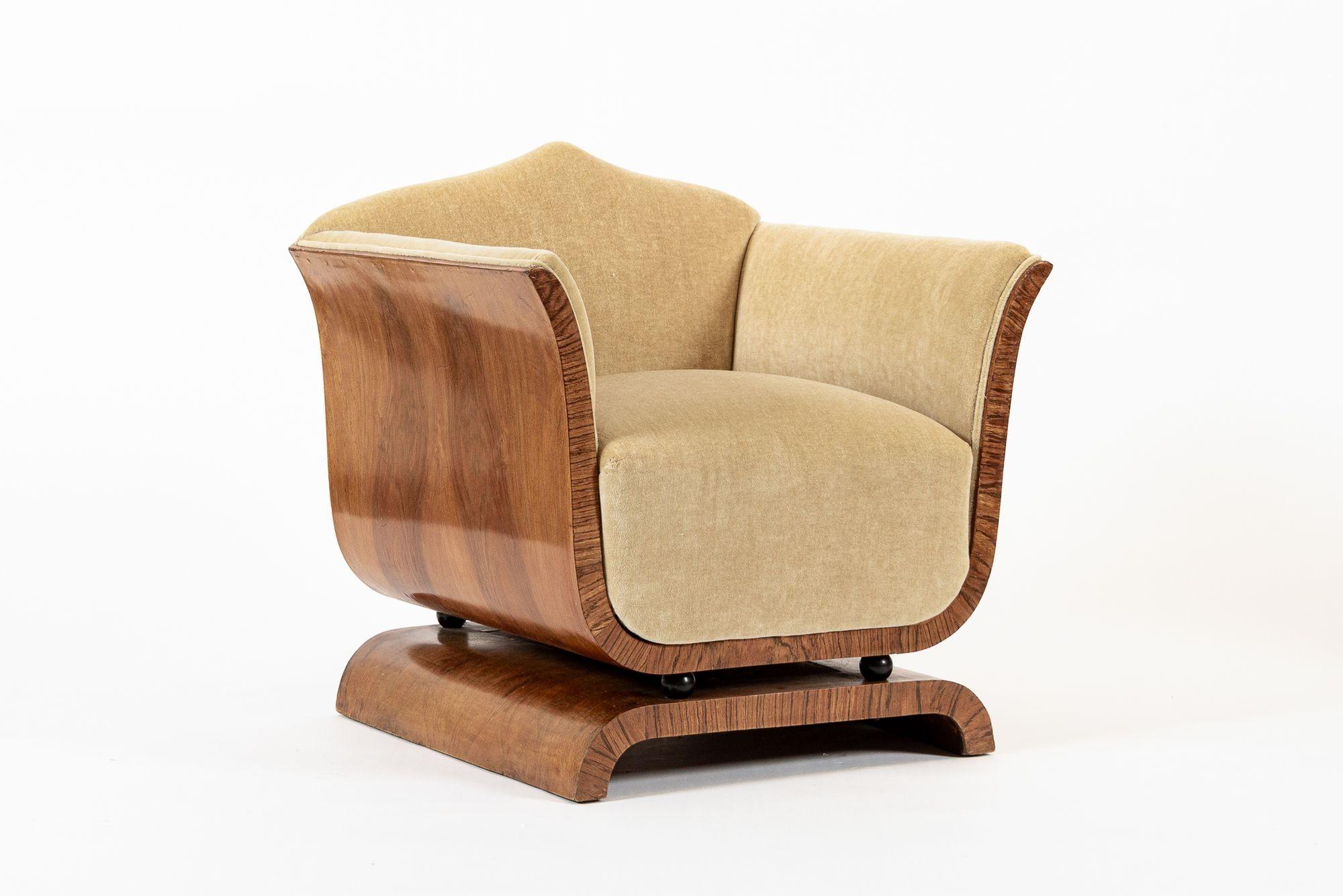1930s Antique French Art Deco Mohair & Burl Wood Lounge Chairs 4