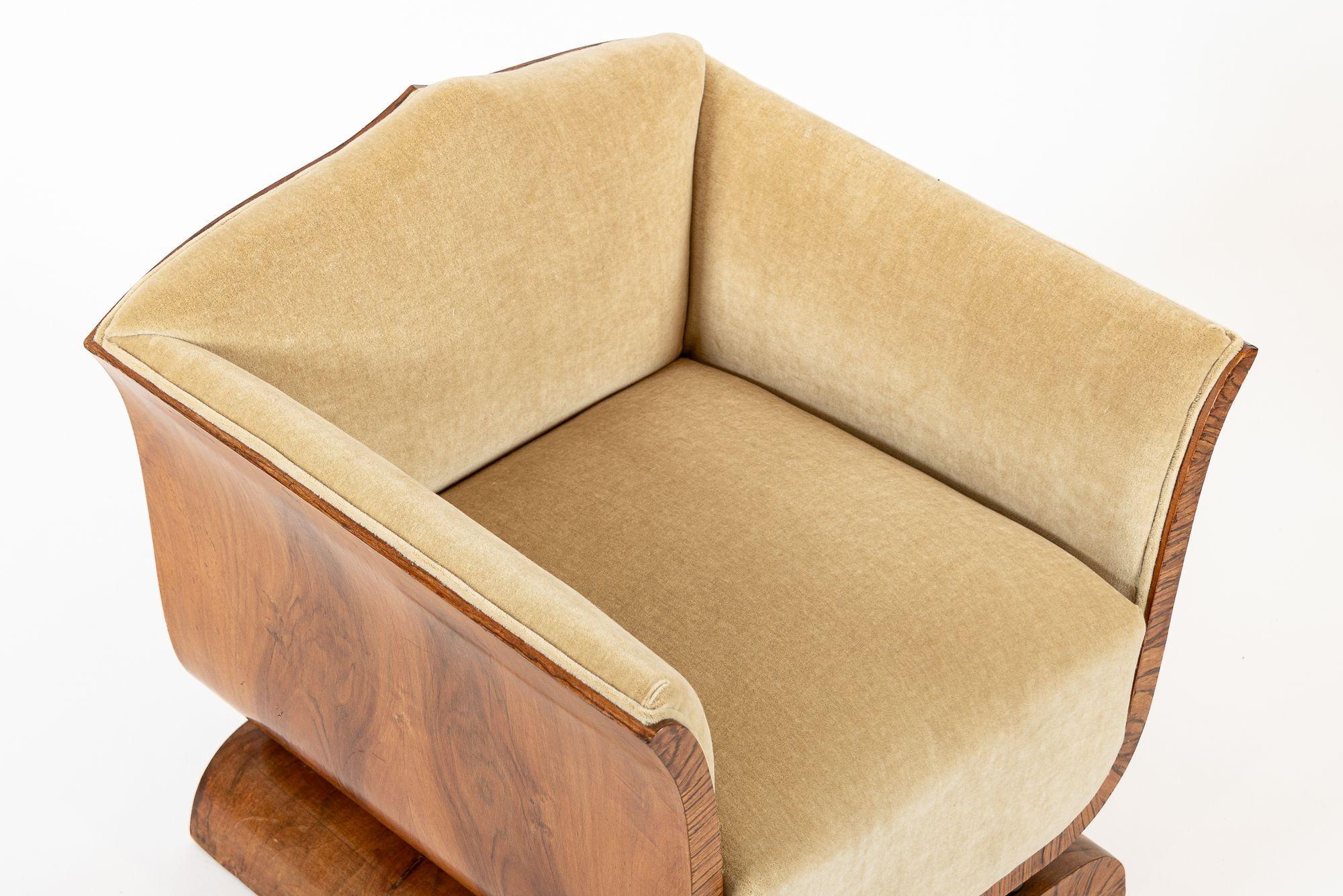 1930s Antique French Art Deco Mohair & Burl Wood Lounge Chairs 5