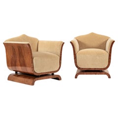 1930s Antique French Art Deco Mohair & Burl Wood Lounge Chairs