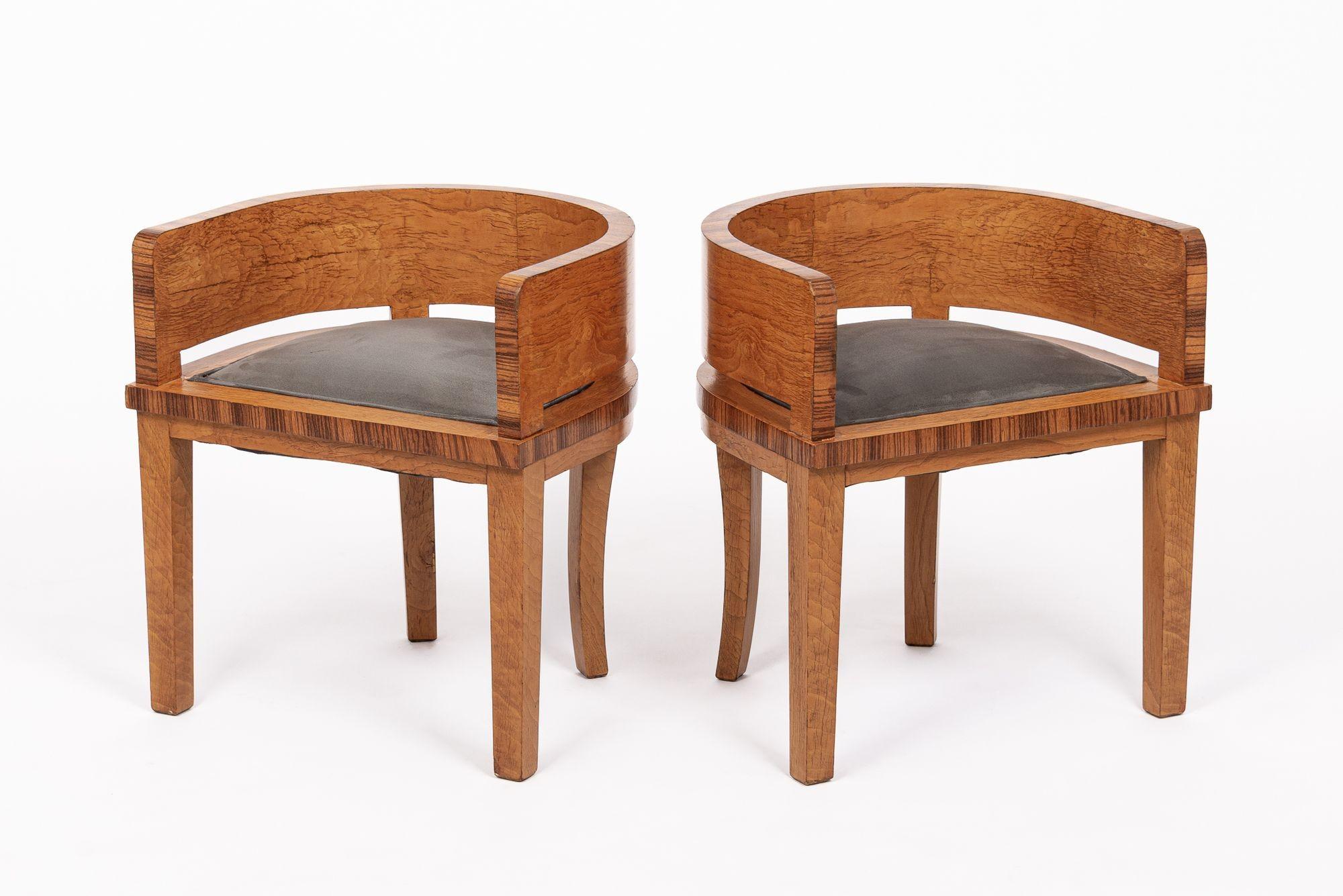 1930s Antique French Art Deco Wood & Gray Suede Demilune Side Chairs 8
