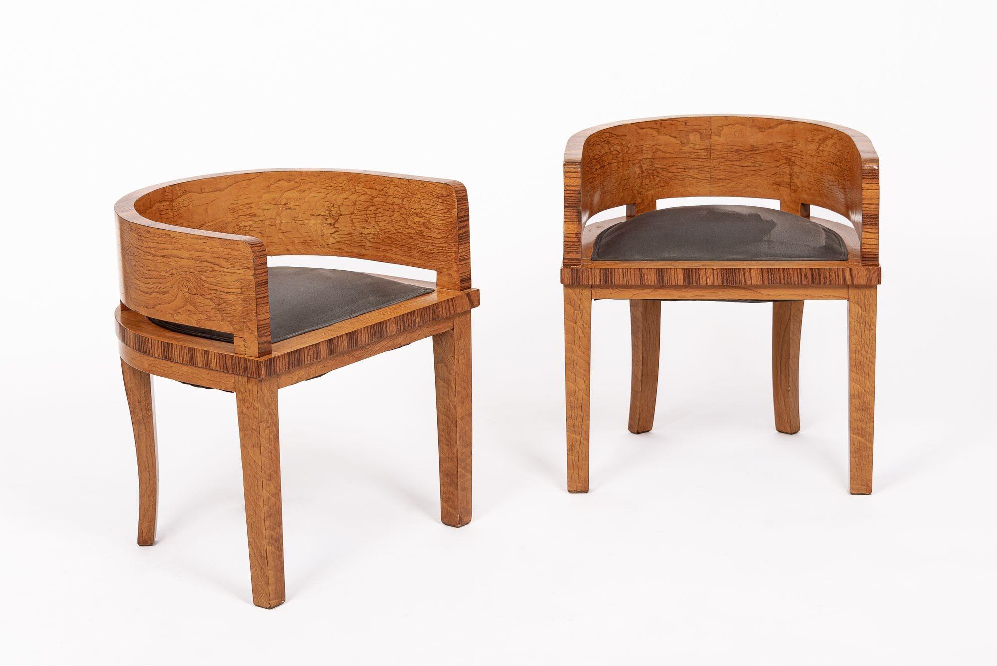 1930s Antique French Art Deco Wood & Gray Suede Demilune Side Chairs 9