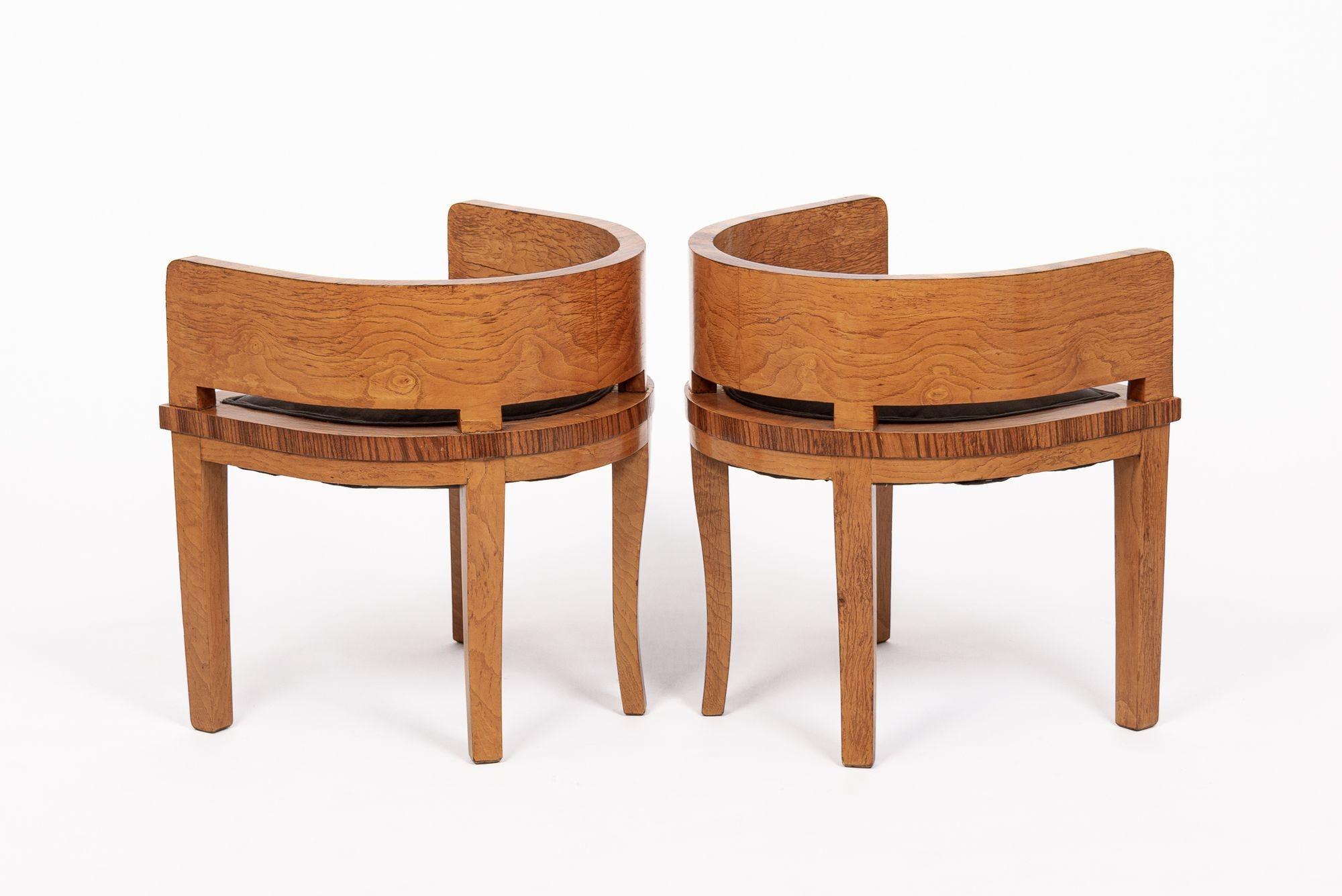 1930s Antique French Art Deco Wood & Gray Suede Demilune Side Chairs In Good Condition In Detroit, MI