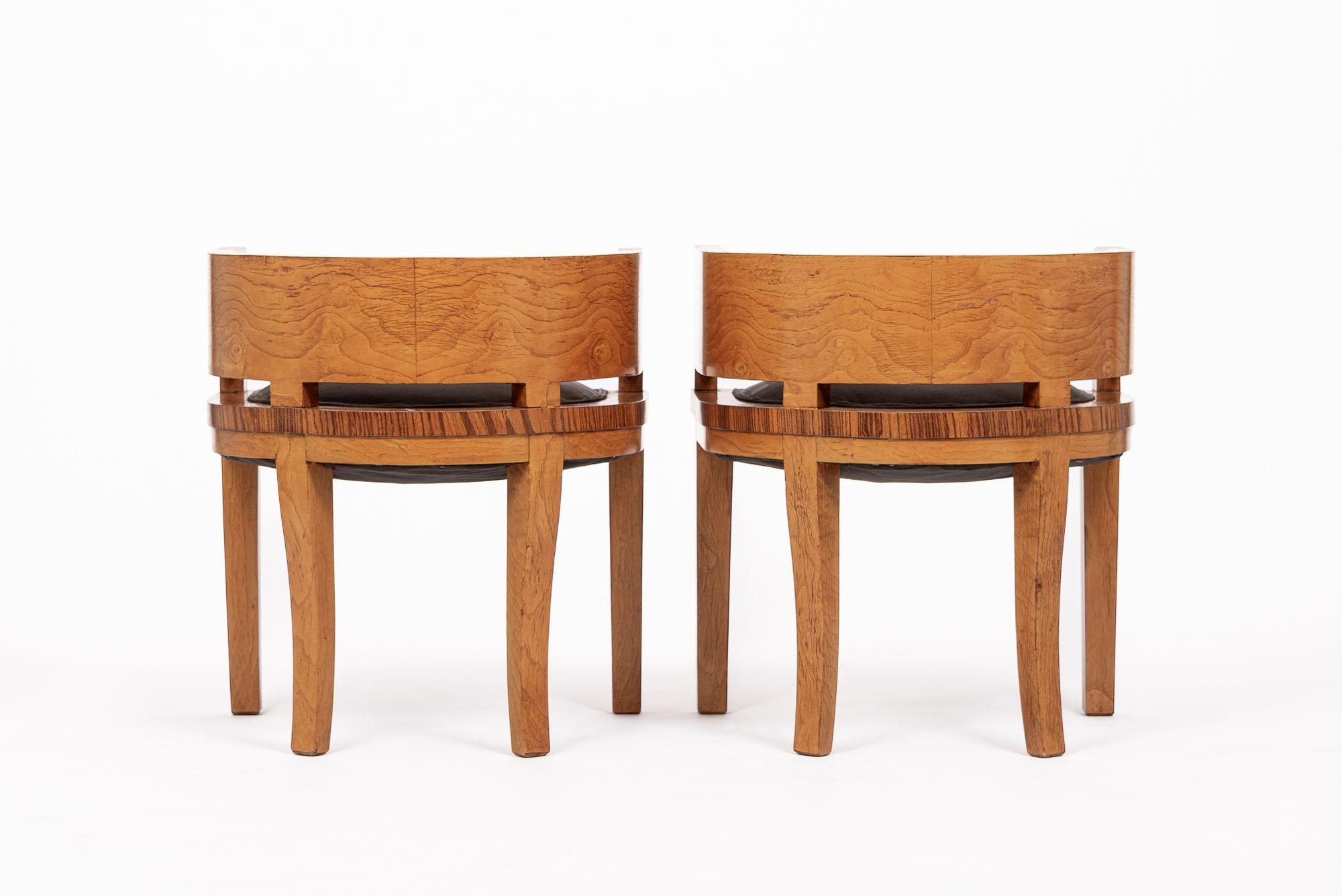 Mid-20th Century 1930s Antique French Art Deco Wood & Gray Suede Demilune Side Chairs