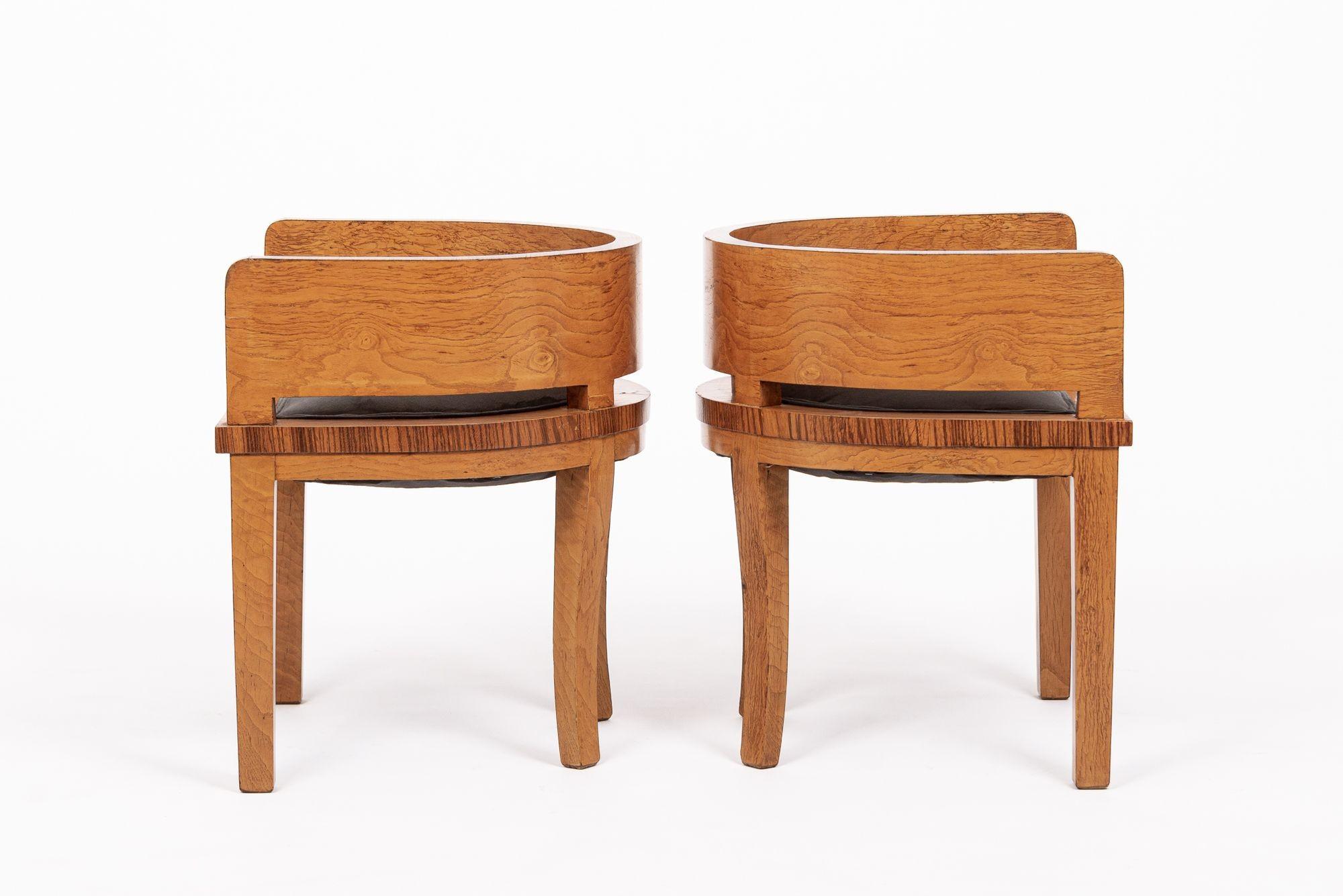1930s Antique French Art Deco Wood & Gray Suede Demilune Side Chairs 1
