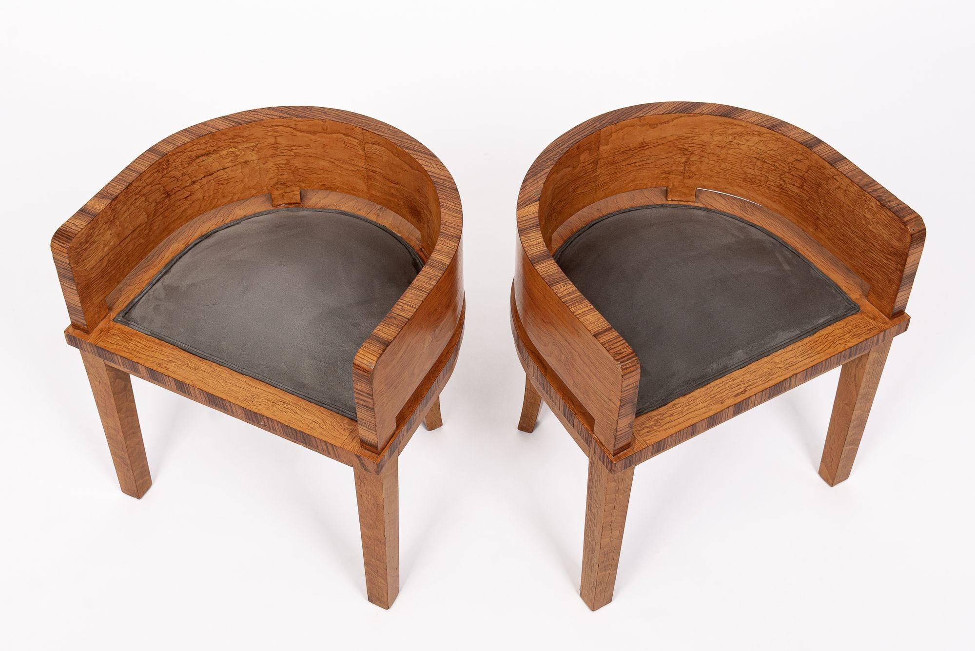 1930s Antique French Art Deco Wood & Gray Suede Demilune Side Chairs 2