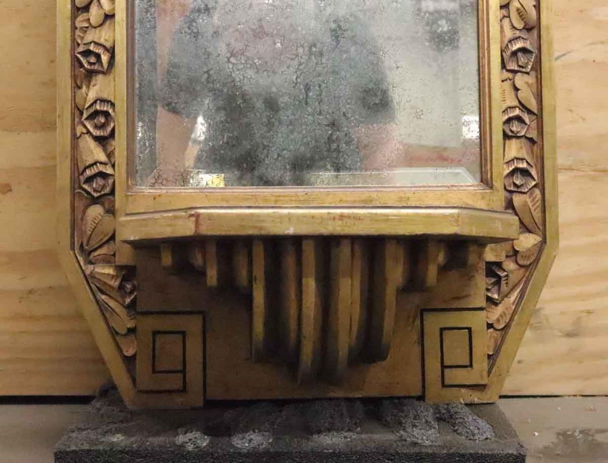 1930s Antique French Carved Wood Gilded Art Deco Wall Mirror with Small Shelf In Good Condition In New York, NY