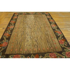 1930s Antique Golden-Ochre Field Striated Folk Art American Hooked Room Size Rug