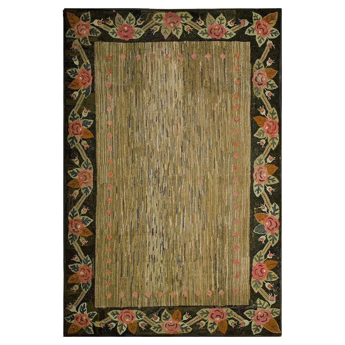 1930s Antique Golden-Ochre Field Striated Folk Art American Hooked Room Size Rug