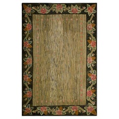 1930s Antique Golden-Ochre Field Striated Folk Art American Hooked Room Size Rug
