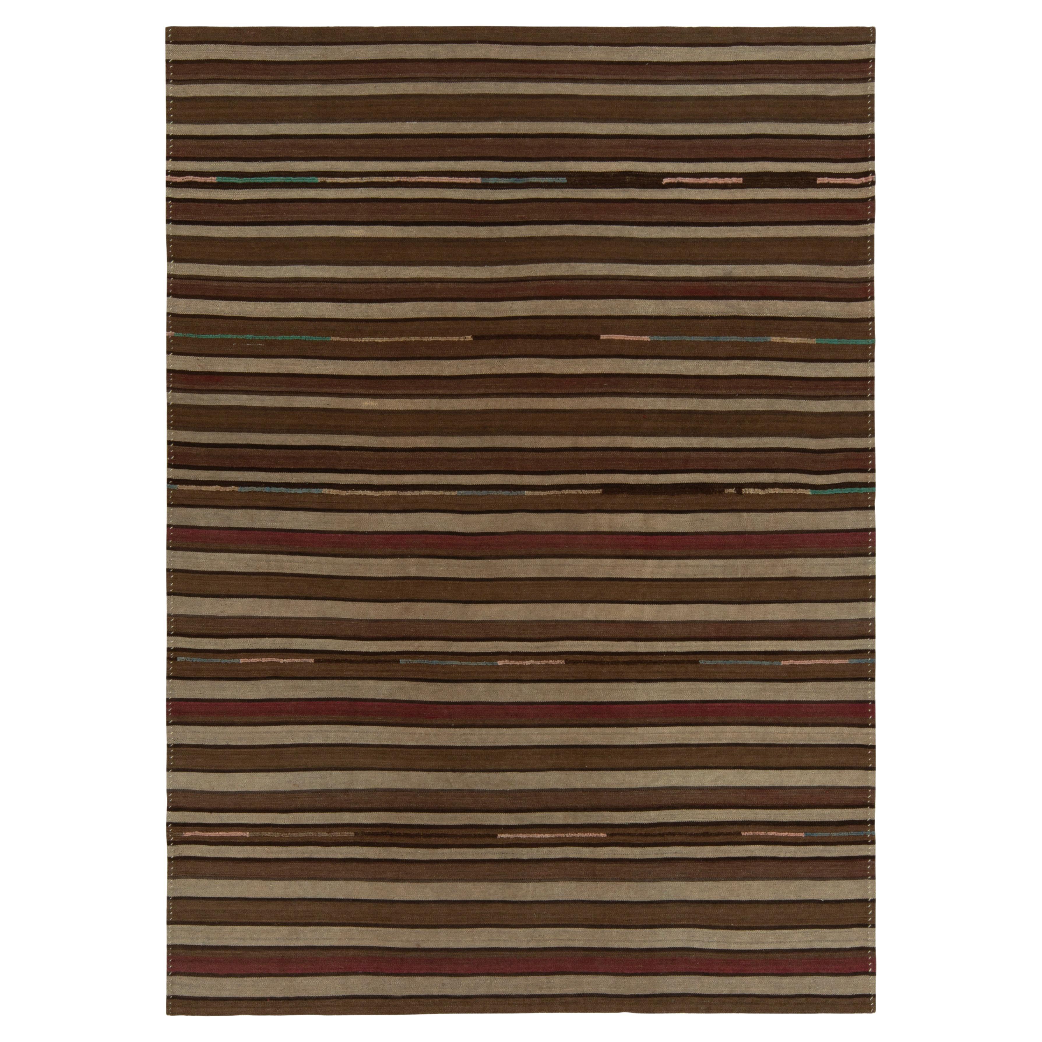1930s Antique Kilim Rug in Beige-Brown & Red Stripe Patterns by Rug & Kilim For Sale