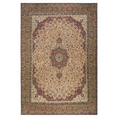 1930s Antique Light Yellow Floral Mashad Amoghlee Northeastern Knotted Wool Rug