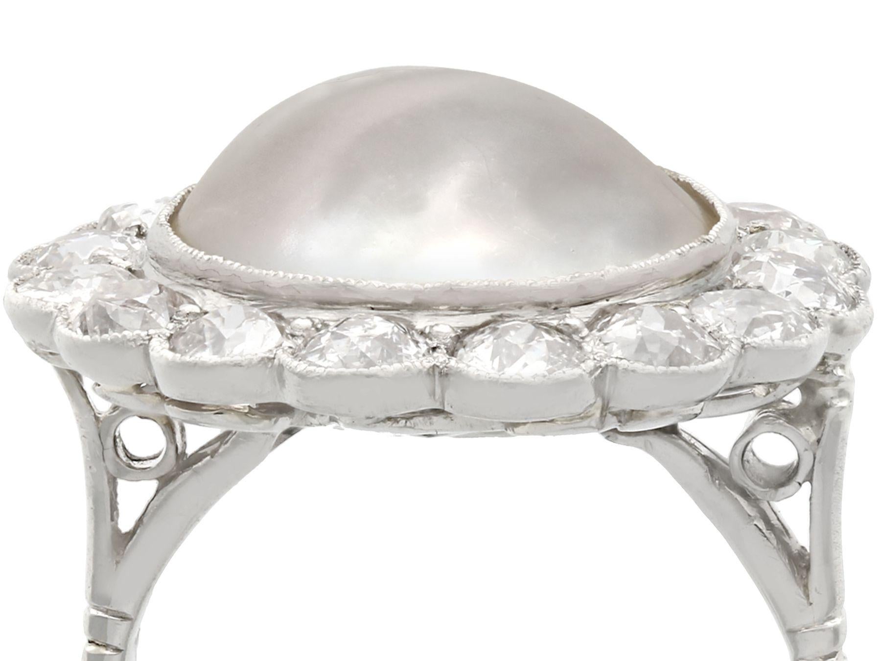 Old European Cut 1930s Antique Mabe Pearl and 1.90 Carat Diamond Platinum Cluster Ring