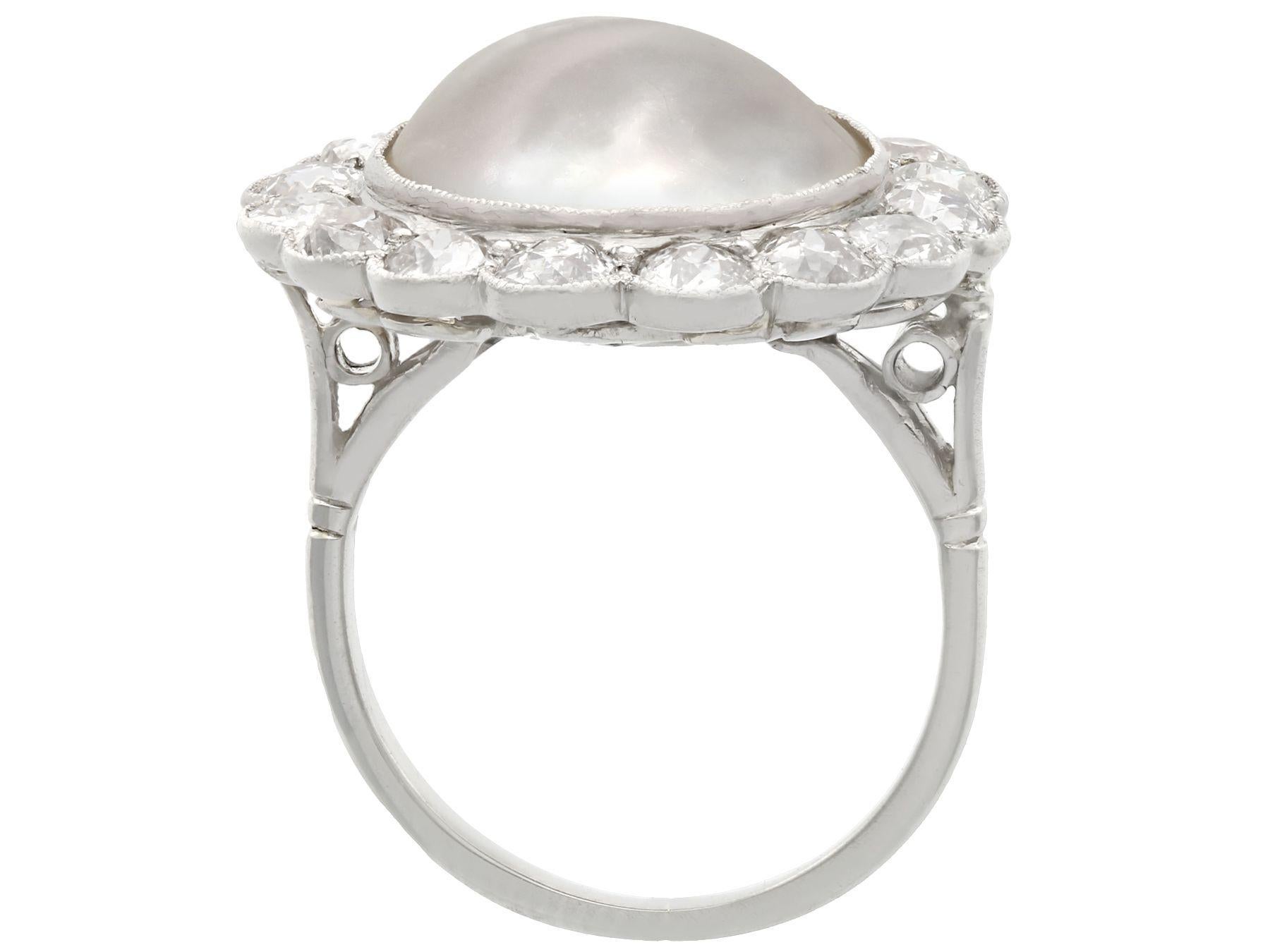 1930s Antique Mabe Pearl and 1.90 Carat Diamond Platinum Cluster Ring 1