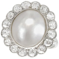 1930s Antique Mabe Pearl and 1.90 Carat Diamond Platinum Cluster Ring