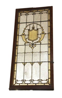 1930s Antique Pair of Jeweled Stained Glass Windows Amber with Shield Motif