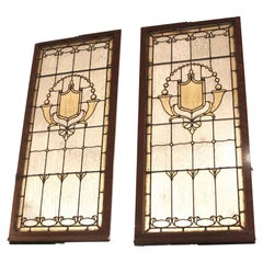 1930s Antique Pair of Jeweled Stained Glass Windows Amber with Shield Motif