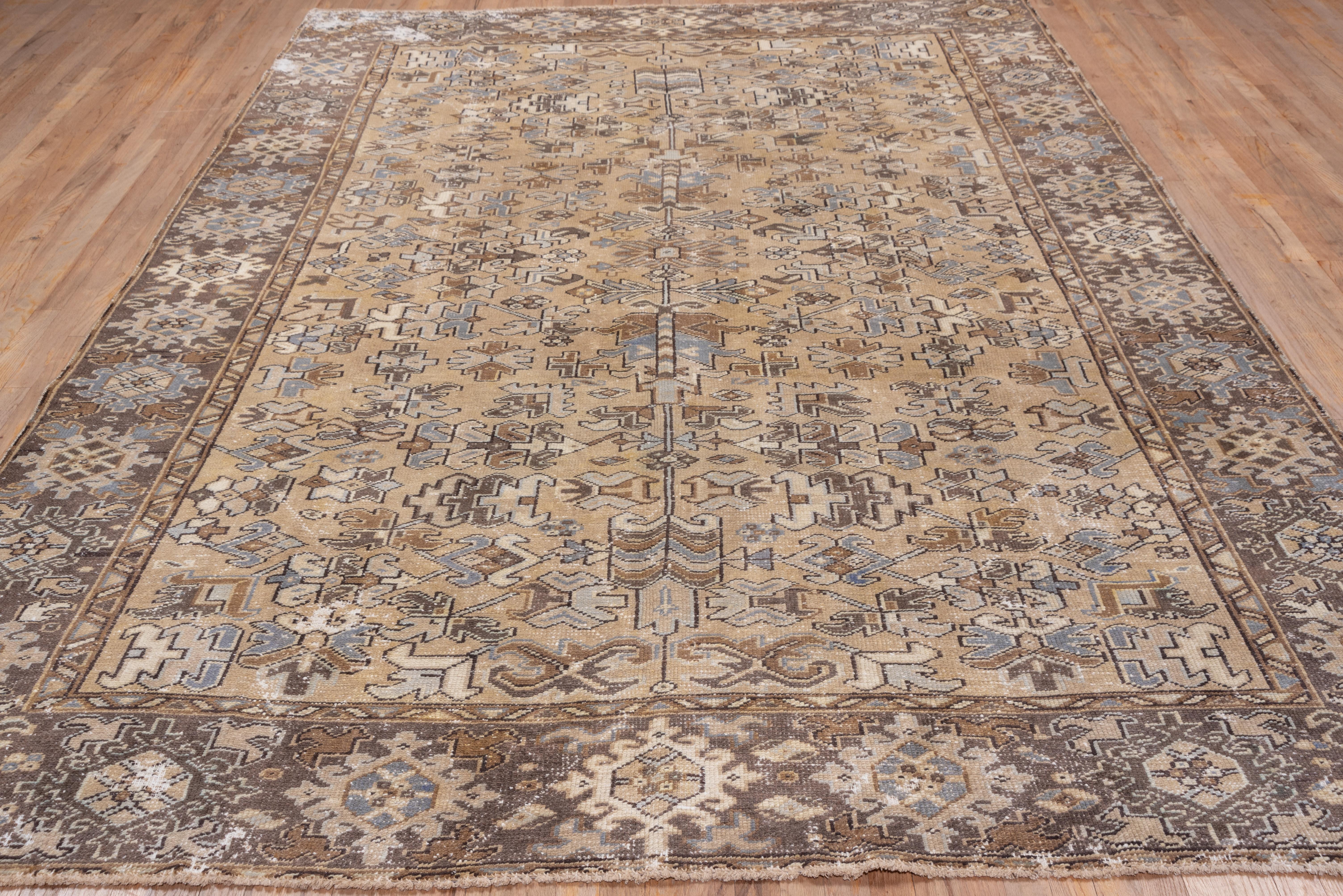 Hand-Knotted 1930s Antique Persian Heriz Rug, Beige Allover Field, Periwinkle & Ivory Accents For Sale