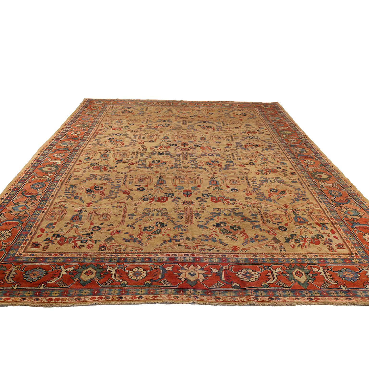 1930s-era antique Persian rug handwoven from exquisite wool and colored with rich organic dyes from vegetables and plants. It features an all-over design pattern of flowers, diamonds, and scarab elements made popular by weavers from the Sultanabad