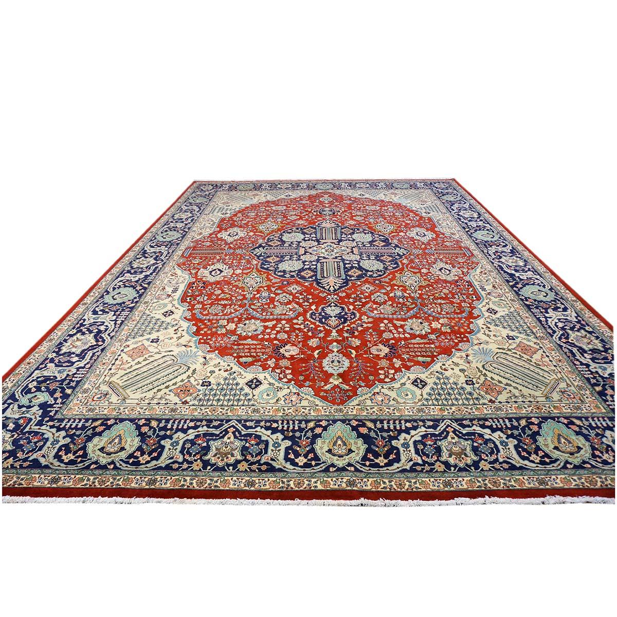 Hand-Woven 1930s Antique Persian Tabriz 9x13 Ivory, Red, & Navy Handmade Area Rug For Sale