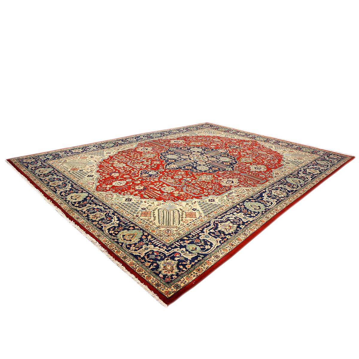 1930s Antique Persian Tabriz 9x13 Ivory, Red, & Navy Handmade Area Rug In Good Condition For Sale In Houston, TX