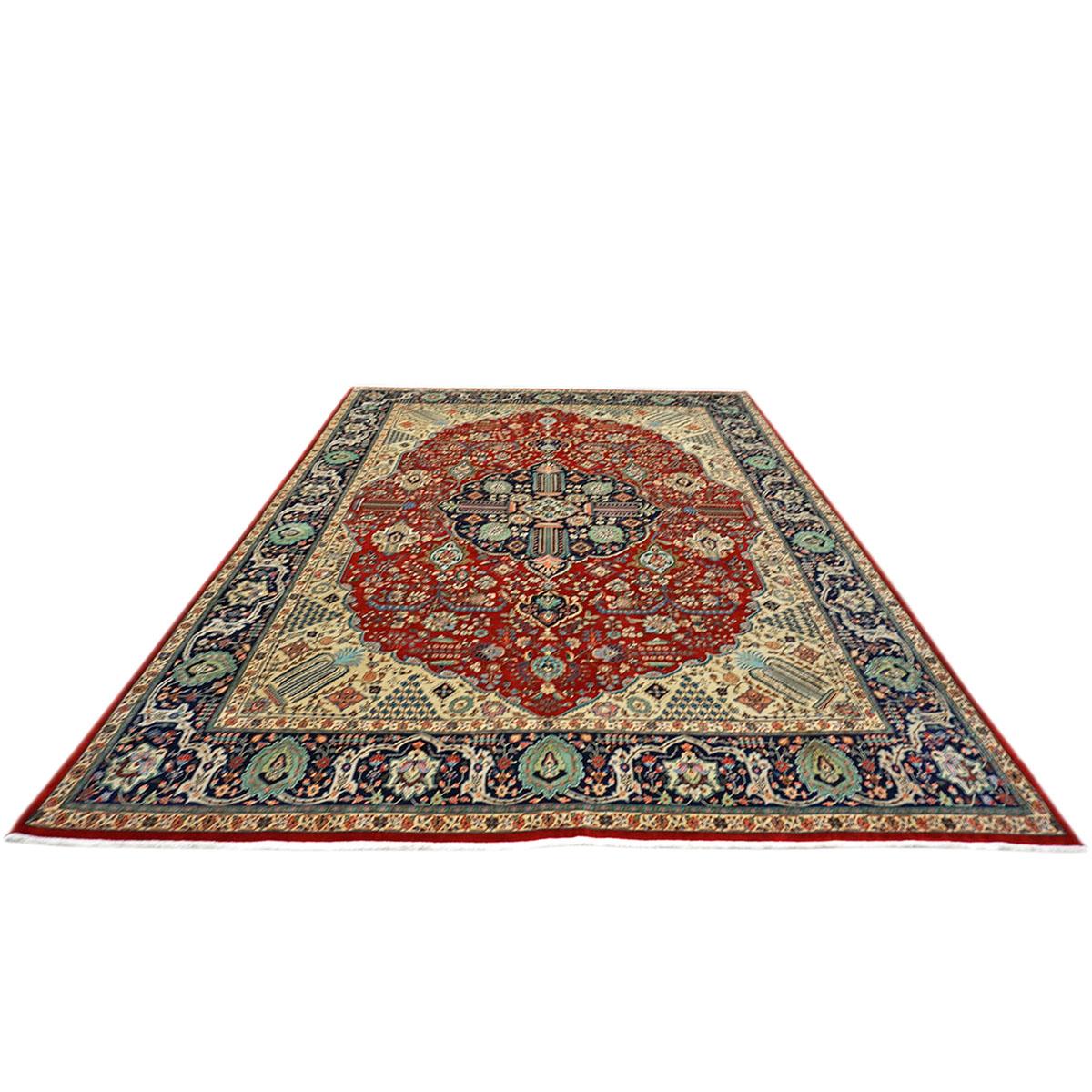 Mid-20th Century 1930s Antique Persian Tabriz 9x13 Ivory, Red, & Navy Handmade Area Rug For Sale