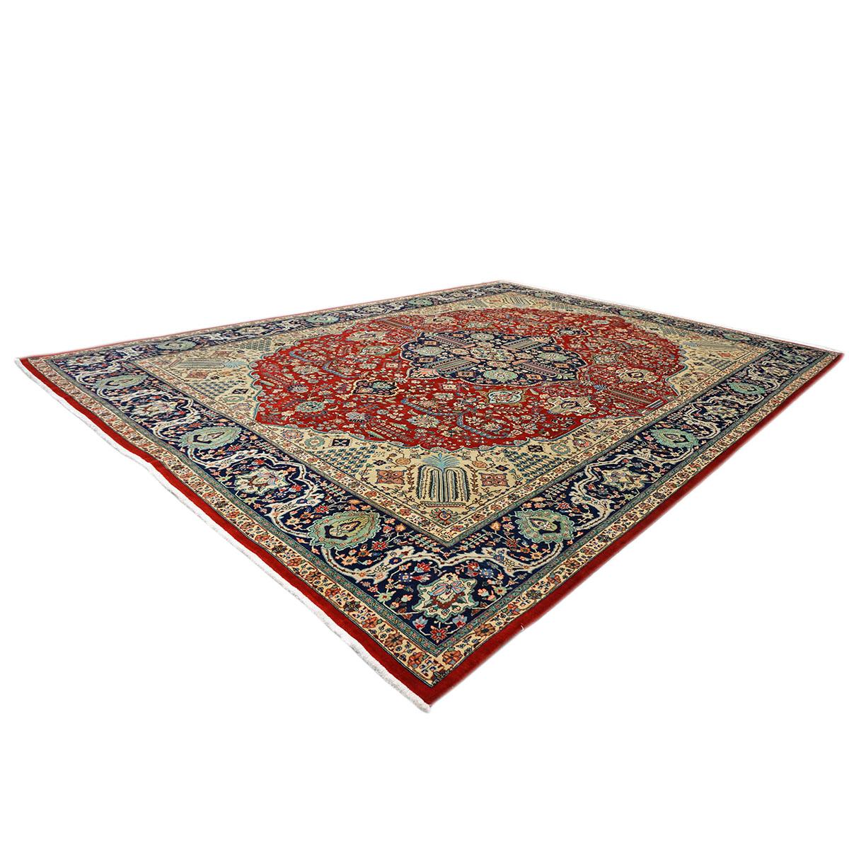 1930s Antique Persian Tabriz 9x13 Ivory, Red, & Navy Handmade Area Rug For Sale 1