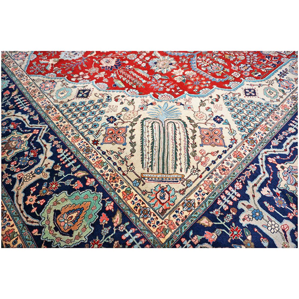 1930s Antique Persian Tabriz 9x13 Ivory, Red, & Navy Handmade Area Rug For Sale 2