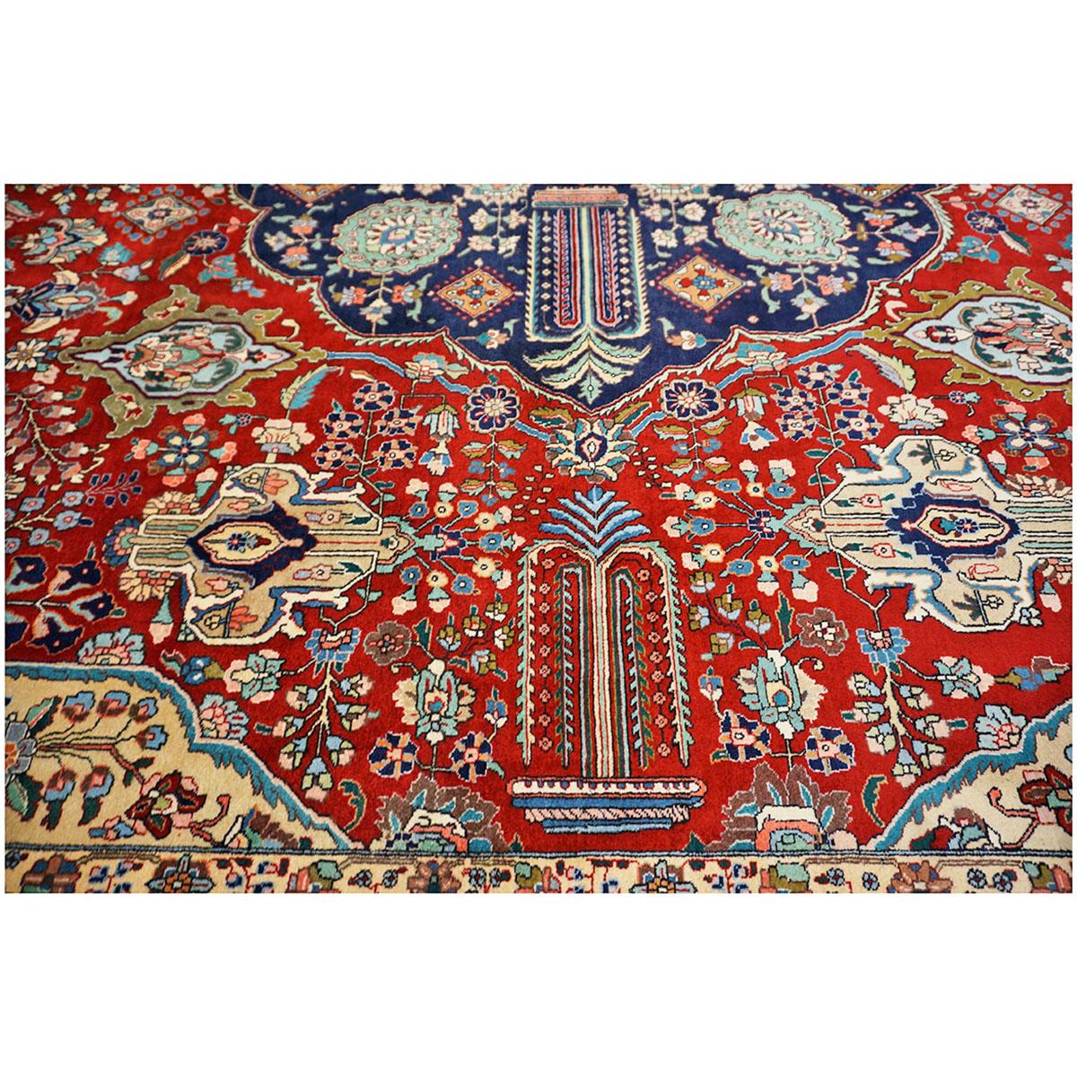 1930s Antique Persian Tabriz 9x13 Ivory, Red, & Navy Handmade Area Rug For Sale 3