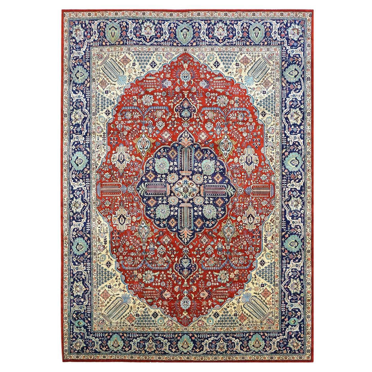 1930s Antique Persian Tabriz 9x13 Ivory, Red, & Navy Handmade Area Rug For Sale